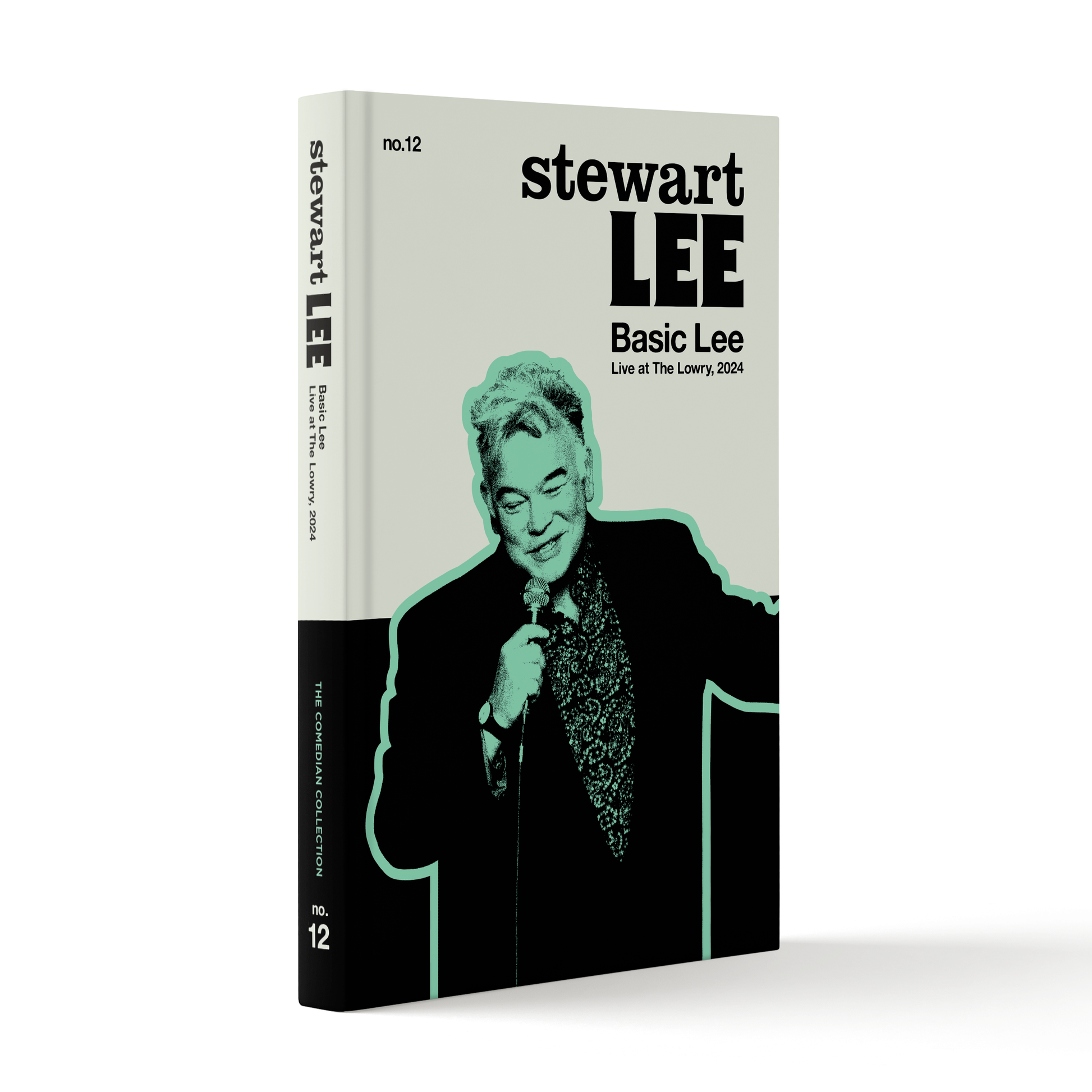 A bookback cover for 'stewart LEE Basic Lee' shown at a slight angle on a clean white background. The cover features a black-and-white portrait of Stewart Lee with a teal outline, and the spine is black with white text.