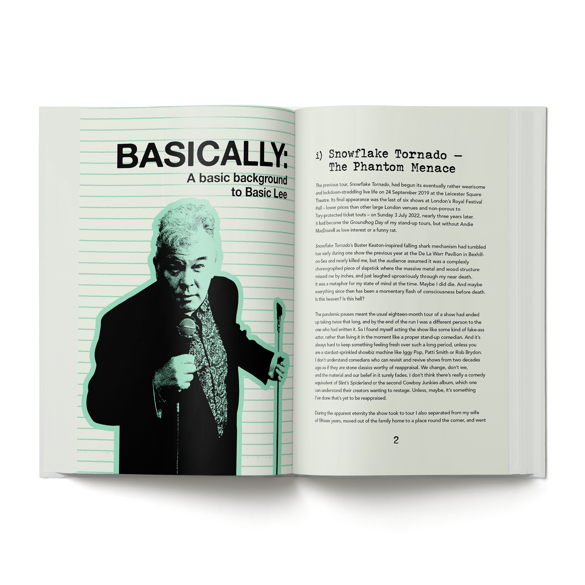 An open bookback spread showing printed pages with the headline 'BASICALLY.